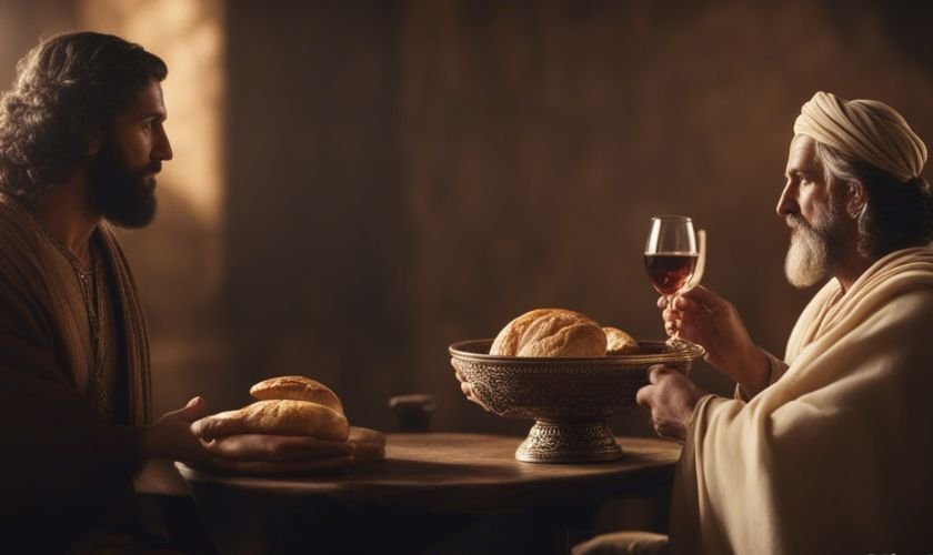 Melquideseque oferecendo pão e vinho a Abraão