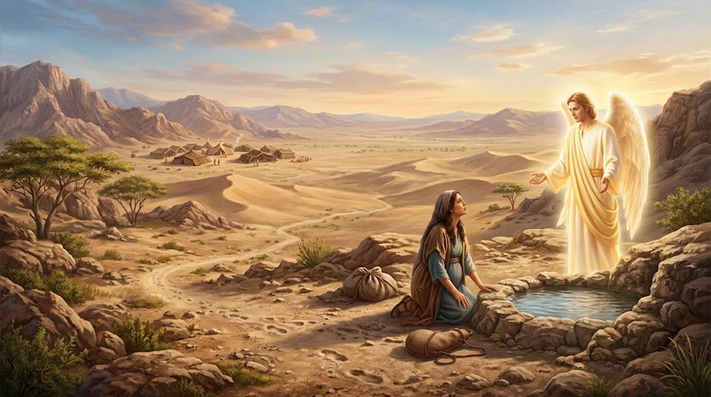 Ilustração em formato paisagem representando a cena bíblica de Gênesis 16, com Hagar ajoelhada ao lado de uma fonte de água no deserto enquanto um anjo iluminado aparece diante dela, com um acampamento ao fundo.