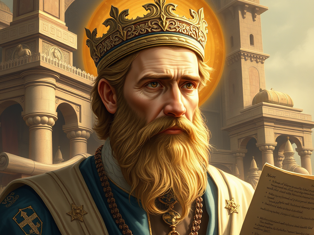 Retrato de um homem com longos cabelos e barba, usando uma coroa intricada, em um cenário arquitetônico antigo.