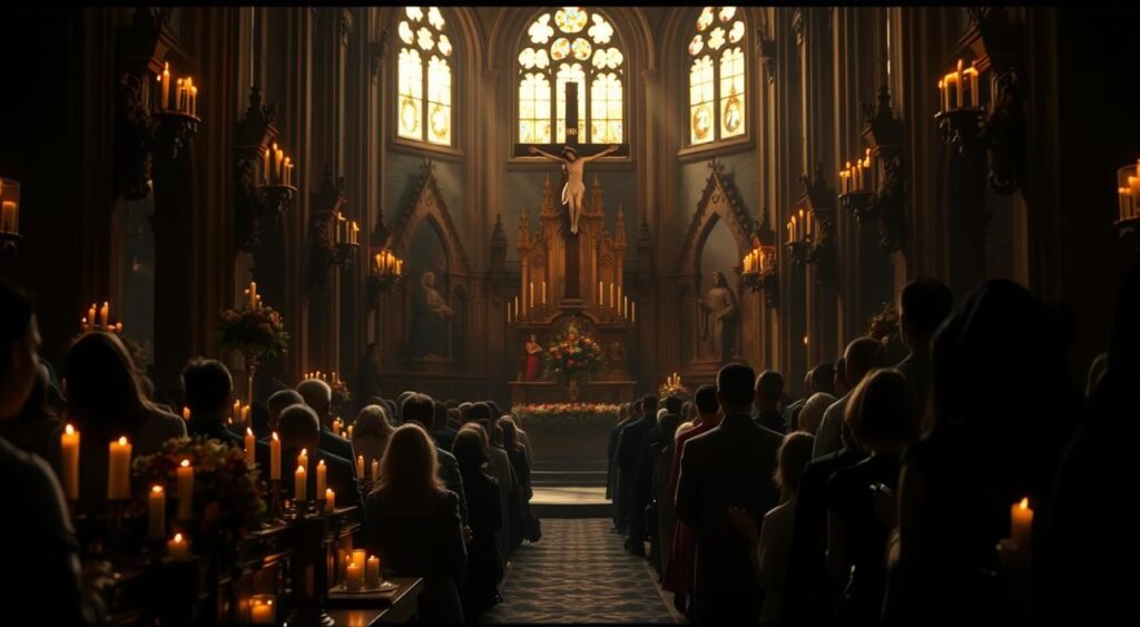 A dimly lit cathedral interior, the warm glow of candles illuminating the faces of worshippers gathered in solemn contemplation. Ornate altars adorned with fresh flowers and flickering votive lights, the scent of incense mingling with the reverent hush. In the center, a large crucifix presides over the scene, a symbol of sacrifice and redemption. Worshippers kneel in prayer, their expressions reflecting a mixture of grief and hope as they remember their departed loved ones on this sacred All Souls' Day. The chiaroscuro lighting casts dramatic shadows, evoking a sense of solemnity and introspection. Through the stained-glass windows, shafts of golden light filter in, illuminating the sacred space and imparting a transcendent, otherworldly atmosphere. O interior de uma catedral mal iluminada, com o brilho suave das velas iluminando os rostos dos fiéis reunidos em solene contemplação. Altares ornamentados adornados com flores frescas e luzes votivas bruxuleantes, o aroma do incenso se mistura ao silêncio reverente. No centro, um grande crucifixo preside a cena, símbolo de sacrifício e redenção. Os fiéis se ajoelham em oração, com suas expressões refletindo uma mistura de pesar e esperança ao relembrarem seus entes queridos falecidos neste sagrado Dia de Finados. A iluminação em claro-escuro projeta sombras dramáticas, evocando uma sensação de solenidade e introspecção. Através dos vitrais, raios de luz dourada penetram, iluminando o espaço sagrado e transmitindo uma atmosfera transcendente e sobrenatural.