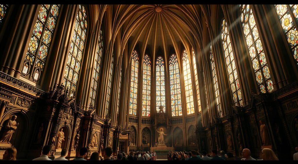 A divine cathedral bathed in soft, golden light, its towering spires reaching heavenward. Intricate stained glass windows cast kaleidoscopic patterns on the ornate interior, where worshippers gather in reverent contemplation. Ornate altars and sculptures depict the life and teachings of Christ, the central figure of the Christian faith. The atmosphere is one of serene spirituality, inviting the viewer to experience the essence of Christianity. A sense of timeless tradition and profound devotion permeates the scene, capturing the essence of God in the Christian tradition. A divine cathedral bathed in soft, golden light, its towering spires reaching heavenward. Intricate stained glass windows cast kaleidoscopic patterns on the ornate interior, where worshippers gather in reverent contemplation. Ornate altars and sculptures depict the life and teachings of Christ, the central figure of the Christian faith. The atmosphere is one of serene spirituality, inviting the viewer to experience the essence of Christianity. A sense of timeless tradition and profound devotion permeates the scene, capturing the essence of God in the Christian tradition.