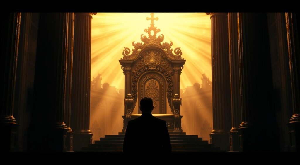 A dramatic, chiaroscuro-inspired scene depicting the profound interplay between divine sovereignty and human free will. In the foreground, a solitary figure stands in contemplation, their face cast in deep shadow, conveying the weighty dilemma. Behind them, an ornate, gilded throne emerges from a celestial radiance, symbolizing the majesty and power of the Almighty. Towering columns flank the scene, their intricate carvings and shadows evoking the grandeur of sacred architecture. The atmosphere is one of reverence and subtle tension, inviting the viewer to ponder the delicate balance between God's supreme authority and mankind's capacity for autonomous choice. Uma cena dramática, inspirada no claro-escuro, retrata a profunda interação entre a soberania divina e o livre-arbítrio humano. Em primeiro plano, uma figura solitária está em contemplação, com o rosto mergulhado em sombras profundas, transmitindo o pesado dilema. Atrás dela, um trono ornamentado e dourado emerge de um esplendor celestial, simbolizando a majestade e o poder do Todo-Poderoso. Colunas imponentes ladeiam a cena, com suas intrincadas esculturas e sombras evocando a grandiosidade da arquitetura sagrada. A atmosfera é de reverência e tensão sutil, convidando o espectador a refletir sobre o delicado equilíbrio entre a autoridade suprema de Deus e a capacidade de escolha autônoma da humanidade.