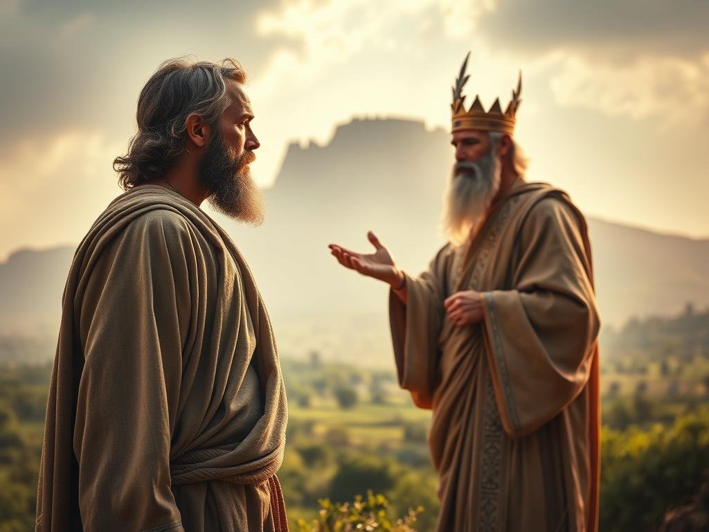 A dramatic scene of the biblical encounter between Abraham and Melchizedek, the mysterious king-priest of Salem. In the foreground, a weathered Abraham stands tall, his face etched with reverence, as he receives the blessing of Melchizedek, a regal figure dressed in flowing robes. The middle ground reveals a lush, verdant landscape, hinting at the sacred nature of this meeting. In the distant background, the silhouette of a majestic citadel rises, casting an air of ancient wisdom and spiritual authority over the scene. Soft, warm lighting illuminates the figures, conveying a sense of divine providence and the weight of this pivotal moment in Genesis. Melquisedeque no livro de Gênesis
