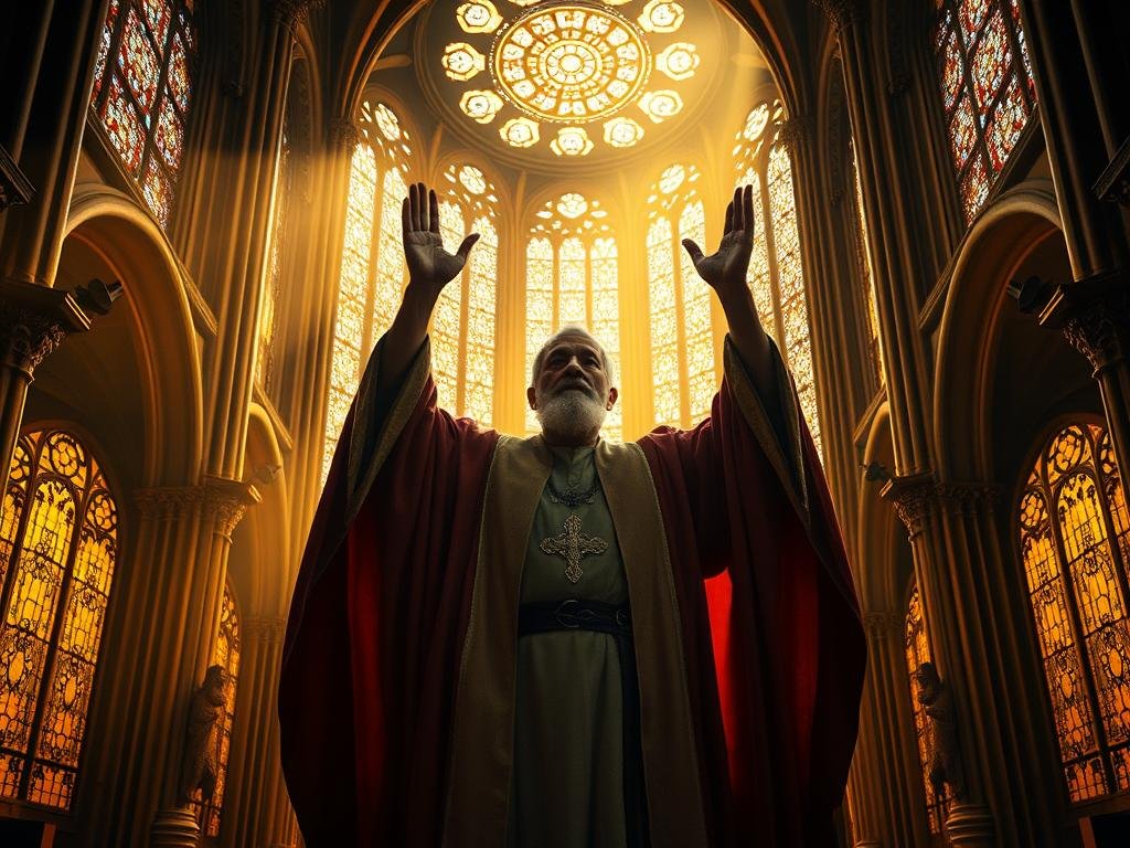 A grand cathedral, bathed in warm golden light, stands majestically. At the center, a powerful figure, Rei Justiça, the mysterious King-Priest, raises his hands in a benediction. His flowing robes and regal bearing command respect, while his eyes reflect a profound wisdom and connection to the divine. Intricate patterns and symbols adorn the cathedral's stained glass windows, casting kaleidoscopic hues across the scene. The atmosphere is one of reverence and mystery, hinting at the deeper spiritual significance of this enigmatic character from the Bible. O significado do nome Melquisedeque