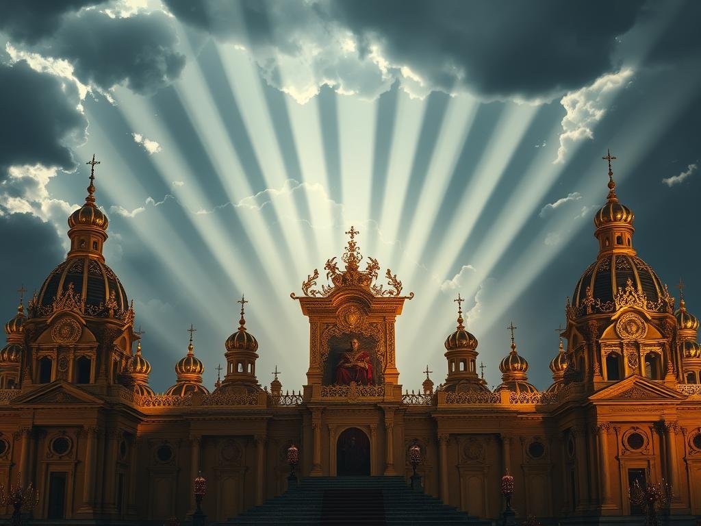 A grand, ornate palace stands in the foreground, its intricate golden spires and domes gleaming in the light. In the middle ground, a majestic figure, cloaked in rich, regal robes, sits enthroned, surrounded by the symbols of his power and wealth. In the background, a cloud-filled sky, with shafts of divine light piercing through, creating an aura of ethereal grandeur. The scene conveys a sense of divine authority, power, and the corrupting influence of earthly riches. Detailed, cinematic lighting and composition, with a moody, dramatic atmosphere. A grand, ornate palace stands in the foreground, its intricate golden spires and domes gleaming in the light. In the middle ground, a majestic figure, cloaked in rich, regal robes, sits enthroned, surrounded by the symbols of his power and wealth. In the background, a cloud-filled sky, with shafts of divine light piercing through, creating an aura of ethereal grandeur. The scene conveys a sense of divine authority, power, and the corrupting influence of earthly riches. Detailed, cinematic lighting and composition, with a moody, dramatic atmosphere.