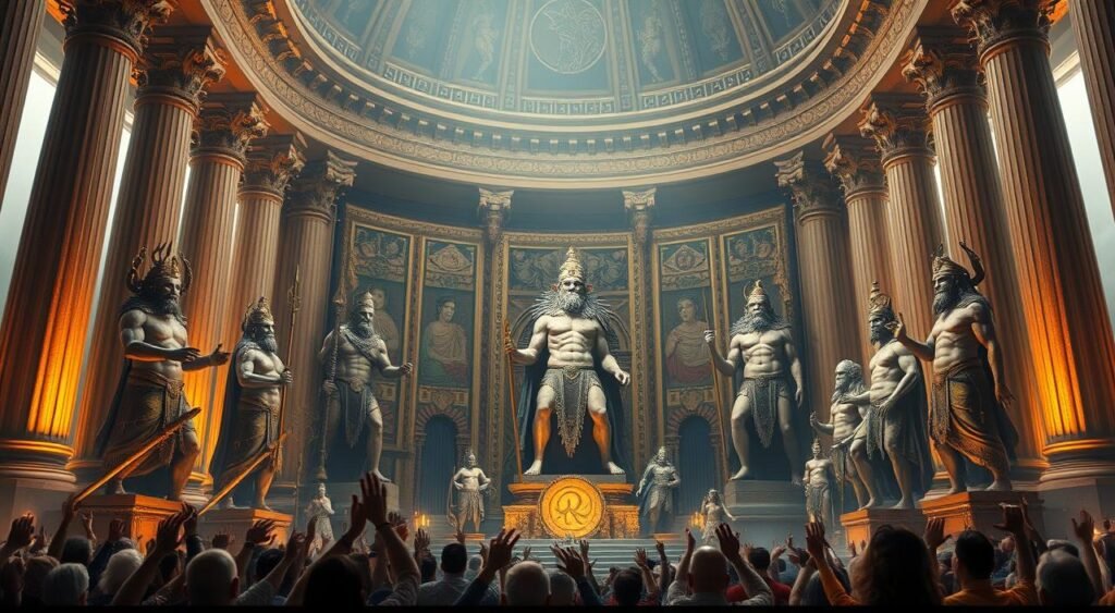 A grand pantheon of deities, each with a distinct visage and divine essence, stands in a majestic temple. Ornate columns support a domed roof, bathed in the warm glow of ethereal lighting. Intricate tapestries and sculptures adorn the walls, depicting the many facets of the polytheistic divine. In the foreground, larger-than-life statues of the gods command reverence, their expressions ranging from serene wisdom to fierce power. The middle ground is filled with worshippers, their hands raised in devotion, while the background fades into a misty, otherworldly realm. This image captures the profound complexity and spiritual richness of the polytheistic divine. A grand pantheon of deities, each with a distinct visage and divine essence, stands in a majestic temple. Ornate columns support a domed roof, bathed in the warm glow of ethereal lighting. Intricate tapestries and sculptures adorn the walls, depicting the many facets of the polytheistic divine. In the foreground, larger-than-life statues of the gods command reverence, their expressions ranging from serene wisdom to fierce power. The middle ground is filled with worshippers, their hands raised in devotion, while the background fades into a misty, otherworldly realm. This image captures the profound complexity and spiritual richness of the polytheistic divine.