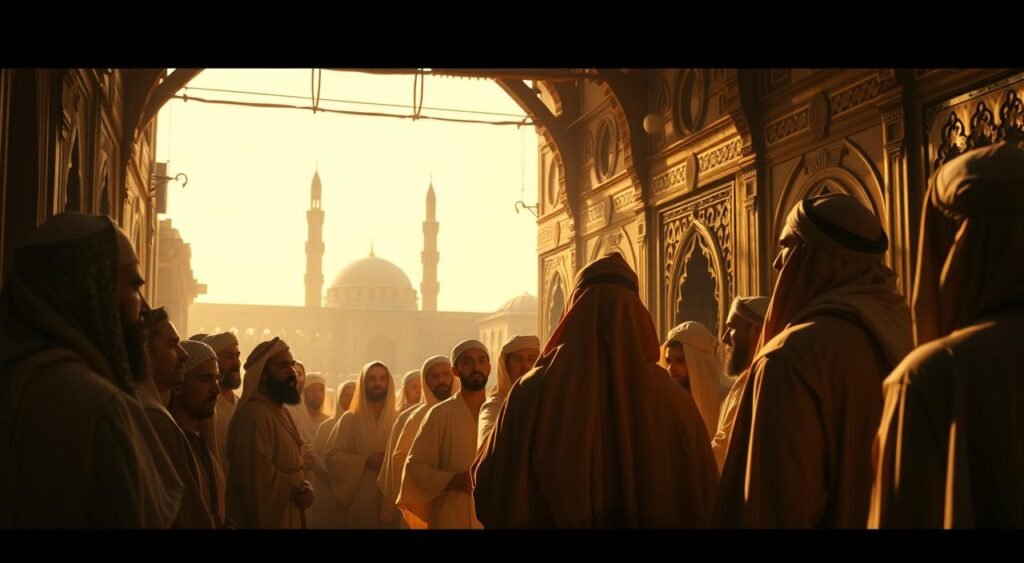 A group of early Muslim believers in Mecca, dressed in traditional Arabian robes and headgear, gathered intently around the Prophet Muhammad as he delivers his initial teachings from atop a small raised platform. The scene is bathed in warm, golden light filtering through the city's narrow alleyways, creating an intimate, reverent atmosphere. The faithful listen with rapt attention, faces illuminated by a sense of spiritual awakening. Intricate architectural details and distant minarets provide a contextual backdrop, transporting the viewer to this pivotal moment in the origins of Islam. Um grupo de fiéis muçulmanos primitivos em Meca, trajados com trajes e chapéus tradicionais árabes, reuniu-se intensamente em torno do Profeta Muhammad enquanto ele proferia seus ensinamentos iniciais do alto de uma pequena plataforma elevada. A cena é banhada por uma luz quente e dourada que se filtra pelas vielas estreitas da cidade, criando uma atmosfera íntima e reverente. Os fiéis ouvem com atenção absorta, com os rostos iluminados por uma sensação de despertar espiritual. Detalhes arquitetônicos intrincados e minaretes distantes fornecem um pano de fundo contextual, transportando o espectador para este momento crucial nas origens do Islã.