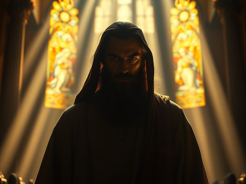 A high-ranking priest of the Most High God, Melchizedek, stands in a dimly lit cathedral, his robes flowing in an ethereal light. His face is partially obscured, yet his piercing gaze commands attention. The background is shrouded in shadow, emphasizing the sacred and mysterious nature of this ancient figure. Beams of golden light filter through stained glass windows, casting a warm, reverent atmosphere. The scene conveys a sense of timelessness, as if Melchizedek has stepped out of the pages of the Bible to grace us with his presence. A sense of awe and wonder pervades the space, inviting the viewer to contemplate the significance of this enigmatic priest-king. Quem foi Melquisedeque na Bíblia?