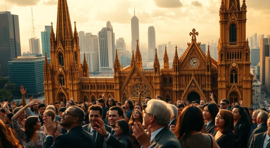 A large ornate church structure with intricate architectural details dominates the foreground, its spires and facades bathed in warm golden light. In the middle ground, a crowd of well-dressed individuals gestures animatedly, their expressions conveying a sense of fervent devotion. The background depicts a vibrant cityscape, skyscrapers and bustling streets reflecting the dynamism of modern Brazil. The overall scene evokes an atmosphere of opulence, spiritual zeal, and the powerful intersection of faith and material prosperity.