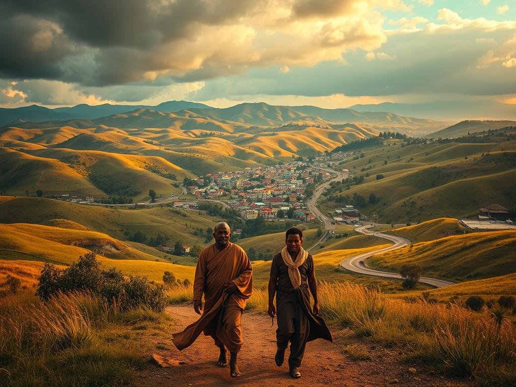 A lush, expansive landscape of rolling hills and winding roads, bathed in the warm glow of the afternoon sun. In the foreground, two figures - a man in a flowing robe and a younger companion - stride purposefully, their expressions focused and determined. Behind them, a vibrant, bustling town nestled among the hills, its colorful buildings and market stalls hinting at the diverse cultures and communities they have encountered on their journey. Above, a dramatic, cloudy sky suggests the challenges and adversities they have faced, but also the sense of purpose and divine guidance that propels them forward. Captured with a cinematic, wide-angle lens, the scene exudes a sense of adventure, exploration, and the enduring bonds of fellowship. A parceria com Paulo nas viagens missionárias
