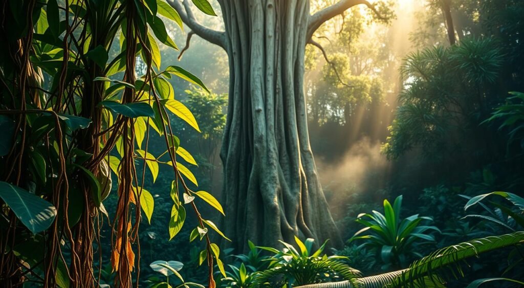 Un paisaje exuberante y verde de la selva amazónica, con una majestuosa enredadera de ayahuasca en primer plano. Las hojas verdes de la planta y las enredaderas están iluminadas por la cálida luz natural que se filtra a través de las copas de los árboles. En el centro, un altísimo árbol milenario se alza como testigo silencioso, con su corteza desgastada y sus raíces nudosas que conectan la planta con la tierra primigenia. El fondo es una mezcla onírica de tonos verdes, con volutas de niebla y una sensación de energía mística que impregna la escena. La composición general evoca una profunda conexión entre la ayahuasca, la selva tropical y las tradiciones espirituales del Amazonas. Un paisaje verde y exuberante de la selva amazónica, con una majestuosa enredadera de ayahuasca destacando en primer plano. Sus hojas de un verde vibrante y sus enredaderas rastreras están iluminadas por la cálida luz natural que se filtra a través de las copas de los árboles. En el plano central, un imponente árbol milenario se alza como un testigo silencioso, con su corteza erosionada y sus raíces retorcidas que conectan la planta con la tierra primigenia. El fondo es una mezcla onírica de tonos verdes, con hilos de niebla y una sensación de energía mística que impregna la escena. La composición general evoca una profunda conexión entre la ayahuasca, la selva tropical y las tradiciones espirituales del Amazonas.