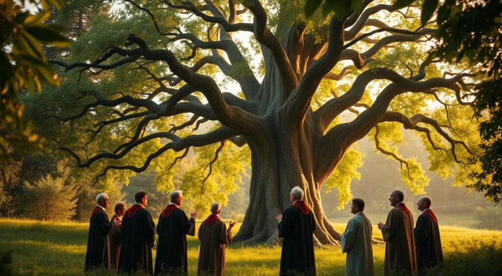 A lush, verdant landscape with a towering, ancient tree at the center, its branches reaching skyward. The tree's leaves are a vibrant, ethereal green, as if imbued with an otherworldly energy. In the foreground, a group of scholars in robes and vestments engage in a lively theological discussion, gesturing animatedly as they ponder the mysteries of free will. The background is softly blurred, creating a sense of focus and contemplation. The lighting is warm and gentle, casting a golden glow over the scene, evoking a sense of timeless wisdom and spiritual introspection. The composition is balanced and symmetrical, drawing the viewer's eye to the central tree, a symbol of the eternal struggle between divine providence and human autonomy. Uma paisagem exuberante e verdejante com uma árvore imponente e antiga no centro, com seus galhos voltados para o céu. As folhas da árvore são de um verde vibrante e etéreo, como se estivessem imbuídas de uma energia sobrenatural. Em primeiro plano, um grupo de estudiosos em túnicas e paramentos se envolve em uma animada discussão teológica, gesticulando animadamente enquanto refletem sobre os mistérios do livre-arbítrio. O fundo é suavemente desfocado, criando uma sensação de foco e contemplação. A iluminação é quente e suave, lançando um brilho dourado sobre a cena, evocando uma sensação de sabedoria atemporal e introspecção espiritual. A composição é equilibrada e simétrica, atraindo o olhar do observador para a árvore central, símbolo da eterna luta entre a providência divina e a autonomia humana.