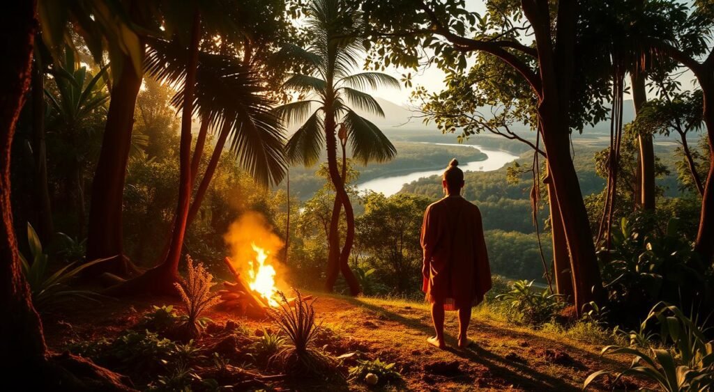 Una exuberante y vibrante selva amazónica bañada por la cálida y dorada luz del sol. En primer plano, un chamán vestido con ropajes tradicionales permanece en posición de meditación, rodeado de un aura de energía mística. Misteriosas plantas y hierbas yacen a sus pies, símbolos de la profunda conexión entre el chamán y el mundo natural. En el centro arde un fuego ceremonial que proyecta sombras parpadeantes sobre los árboles. El fondo revela un sereno río que serpentea por el verde paisaje, con lejanas montañas que se recortan contra el cielo. Una atmósfera de calma espiritual y sabiduría ancestral impregna la escena. Chamanismo en el Amazonas