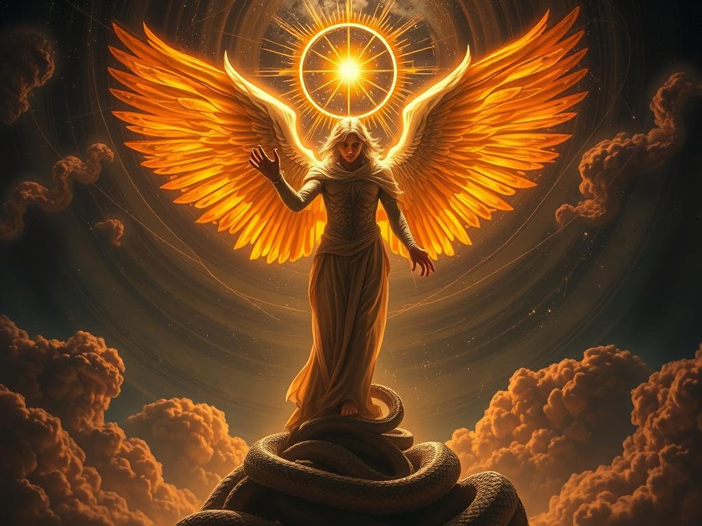 A majestic celestial figure shrouded in a halo of golden light, the fallen angel Lucifer stands amid a swirling cosmic backdrop. Ethereal wings unfurl, casting a divine radiance across the heavens. Beneath his feet, a serpentine coil symbolizes his transformation from the beloved "Light-Bringer" to the embodiment of temptation and sin. The rich, jewel-toned palette evokes the grandeur and tragedy of this mythic figure, whose name translates from the Latin as "Morning Star" - a testament to his former glory and ultimate downfall. Quem foi Lúcifer antes da queda?