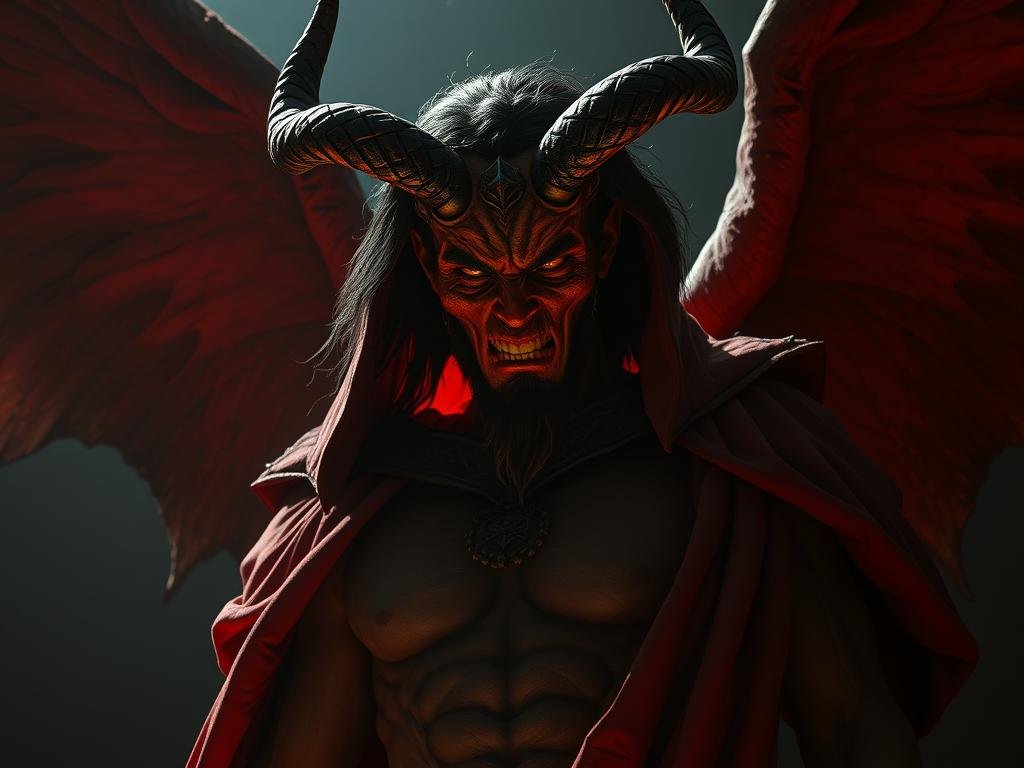 A majestic, large-scale portrait of Lúcifer, once the most radiant angel in Heaven, now transformed into the embodiment of Satanás, the fallen dark lord. Lúcifer stands tall, his once-angelic features now contorted into a scowl of defiance, his eyes burning with unholy power. Dramatic lighting casts deep shadows, accentuating the sharp angles of his face and the menacing horns protruding from his head. A swirling cloak of deep crimson billows around him, symbolizing the blood and chaos he seeks to unleash upon the world. The background is shrouded in an ominous, foreboding darkness, hinting at the depths of his malevolence and the eternal damnation he represents. A majestic, large-scale portrait of Lúcifer, once the most radiant angel in Heaven, now transformed into the embodiment of Satanás, the fallen dark lord. Lúcifer stands tall, his once-angelic features now contorted into a scowl of defiance, his eyes burning with unholy power. Dramatic lighting casts deep shadows, accentuating the sharp angles of his face and the menacing horns protruding from his head. A swirling cloak of deep crimson billows around him, symbolizing the blood and chaos he seeks to unleash upon the world. The background is shrouded in an ominous, foreboding darkness, hinting at the depths of his malevolence and the eternal damnation he represents.