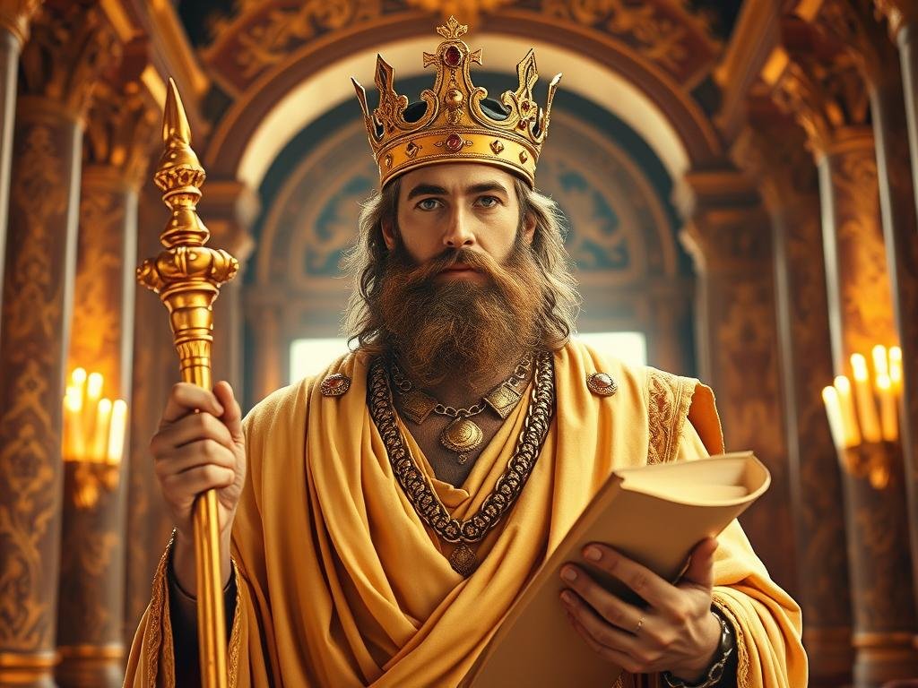 A majestic portrait of King David of Israel, standing tall and proud in his royal regalia. He wears a golden crown adorned with precious gems, his flowing robes draped gracefully over his broad shoulders. His piercing gaze radiates a regal confidence, as he holds a scepter in one hand and a scroll in the other, symbolizing his dual roles as both a military commander and a wise ruler. The background is a lavish, ornate palace interior, with intricate tapestries, columns, and archways that convey the grandeur of his kingdom. Warm, golden lighting casts a warm, reverent tone, highlighting the king's noble features and the opulence that surrounds him. Davi, rei de Israel: conquistas e unificação