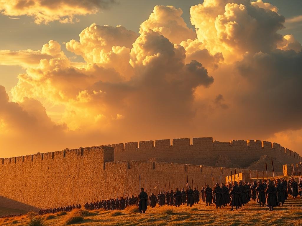 A massive stone wall, impenetrable and foreboding, dominates the foreground of the scene. In the middle ground, Israelite soldiers, led by the commanding figure of Joshua, march in orderly formations, their spears and banners held high. The sky above is filled with billowing clouds, casting dramatic shadows over the ancient city of Jericho. The warm, golden light of the setting sun bathes the scene in a reverent glow, hinting at the divine intervention that would soon topple the city's defenses. The composition is balanced and cinematic, capturing the pivotal moment of the biblical conquest with a sense of scale, drama, and spiritual significance. Um enorme muro de pedra, impenetrável e ameaçador, domina o primeiro plano da cena. No centro, soldados israelitas, liderados pela figura imponente de Josué, marcham em formações ordenadas, com suas lanças e bandeiras erguidas. O céu acima está repleto de nuvens ondulantes, lançando sombras dramáticas sobre a antiga cidade de Jericó. A luz quente e dourada do pôr do sol banha a cena com um brilho reverente, sugerindo a intervenção divina que em breve derrubaria as defesas da cidade. A composição é equilibrada e cinematográfica, capturando o momento crucial da conquista bíblica com um senso de escala, drama e significado espiritual.