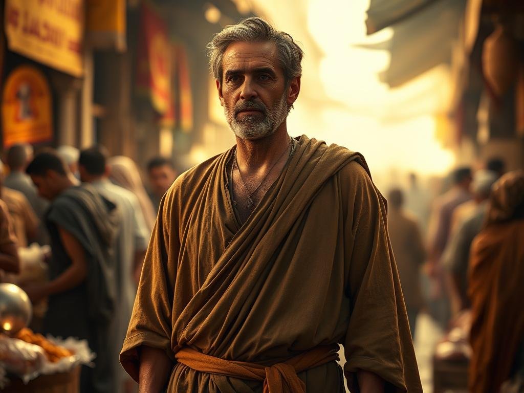 A middle-aged man with a pensive expression, dressed in simple robes and sandals, standing in a bustling marketplace setting. Behind him, a crowd of people haggling and exchanging goods, creating a lively, vibrant atmosphere. Warm, diffused lighting casts a golden glow, highlighting the man's thoughtful demeanor as he contemplates his role and purpose. The scene conveys a sense of transition, as the man appears to be at a crossroads, reflecting on his past as a tax collector and his future as a disciple of Jesus. Quem foi Levi na Bíblia
