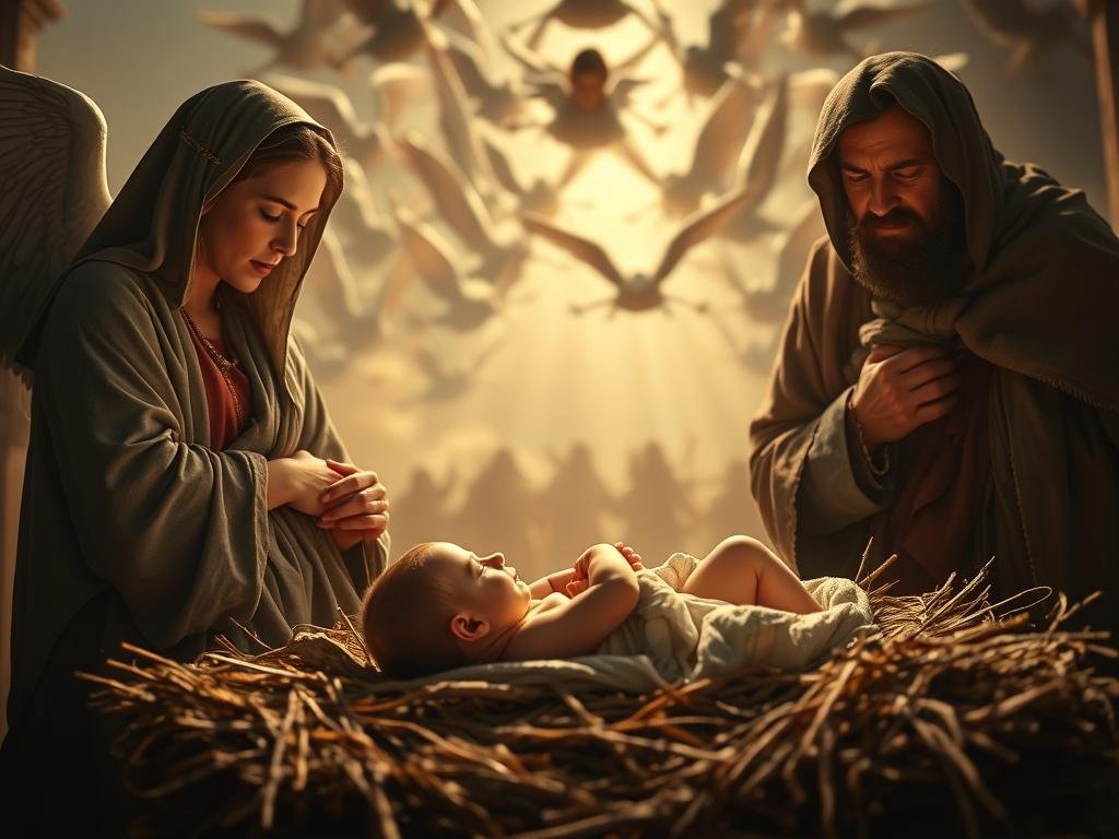 A miraculous birth scene in the style of classical religious art. In the foreground, a humble manger where a newborn child lies swaddled, radiating a divine light. The middle ground features a reverent Mary and a weathered Joseph, their expressions filled with awe and wonder. In the background, a heavenly host of angels descends, their wings outstretched in a celestial chorus. The lighting is soft and warm, creating an atmosphere of sacred tranquility. The composition is balanced and harmonious, conveying a sense of the divine purpose behind this miraculous event. A miraculous birth scene in the style of classical religious art. In the foreground, a humble manger where a newborn child lies swaddled, radiating a divine light. The middle ground features a reverent Mary and a weathered Joseph, their expressions filled with awe and wonder. In the background, a heavenly host of angels descends, their wings outstretched in a celestial chorus. The lighting is soft and warm, creating an atmosphere of sacred tranquility. The composition is balanced and harmonious, conveying a sense of the divine purpose behind this miraculous event.