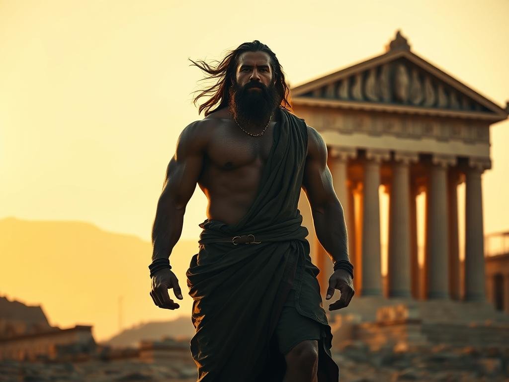 A muscular, bearded man with long, flowing hair stands tall and proud, his eyes filled with determination. He wears a loose, flowing robe and sandals, his powerful frame silhouetted against a warm, golden-hued sky. In the background, a majestic, ancient temple stands, its intricate architecture casting long shadows across the scene. The lighting is dramatic, casting deep shadows and highlighting the hero's chiseled features. The overall atmosphere is one of reverence and awe, befitting the legendary status of this biblical hero. Quem foi Sansão?