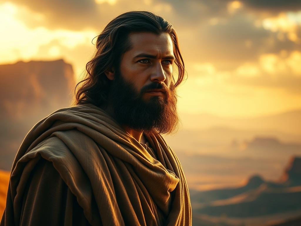 A portrait of Joshua, the successor of Moses, standing tall and resolute, his gaze fixed with unwavering determination. He wears the robes of a leader, a mantle of authority draped over his shoulders, symbolizing the divine mantle passed down from his predecessor. The scene is bathed in warm, golden light, evoking a sense of divine providence and the guiding hand of the Almighty. In the background, a majestic landscape unfolds, hinting at the Promised Land Joshua is destined to conquer, the fulfillment of God's covenant with His people. The composition conveys a powerful narrative of transition, as the torch of leadership is passed from one faithful servant to another, continuing the epic journey of the Israelites. Quem foi Josué na Bíblia
