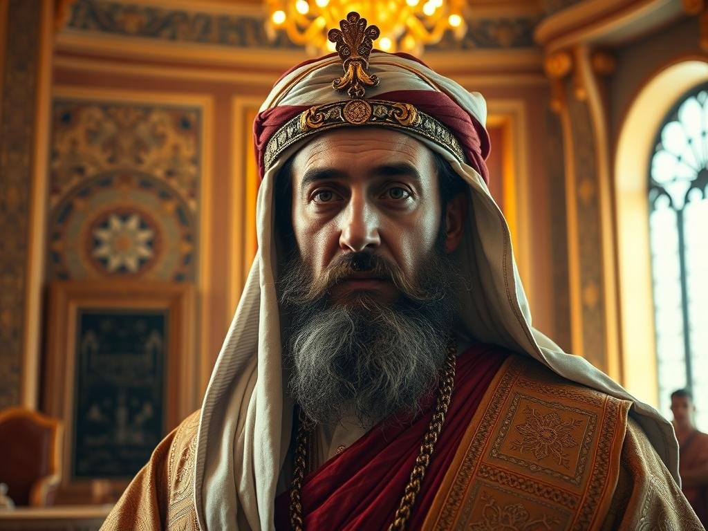A portrait of Mordecai, a prominent Jewish official in the court of the Persian king Ahasuerus. Mordecai is depicted in a sumptuous, ornately decorated palace setting, wearing the traditional robes and headdress of a high-ranking Persian nobleman. His expression is dignified and serious, reflecting his status and importance. The background features intricate tile patterns, rich fabrics, and architectural elements that evoke the grandeur of the Persian empire. Warm, golden lighting illuminates Mordecai's face, emphasizing his noble bearing. The overall composition conveys a sense of power, history, and the privileged position Mordecai held within the royal court. A origem e a linhagem de Mardoqueu