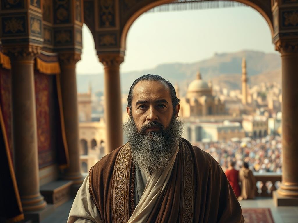 A portrait of Mordecai, a wise and righteous Jewish man, standing in a detailed historical setting. In the foreground, Mordecai is shown in traditional Middle Eastern attire, his gaze steady and his expression thoughtful. Behind him, a richly decorated palace interior with tapestries, ornate columns, and warm lighting creates a sense of grandeur and importance. In the background, a view of the bustling city of Susa, where Mordecai lived and worked, adds context and a sense of place. The overall composition conveys Mordecai's pivotal role in the story of Esther, with a tone of reverence and historical significance. Quem foi Mardoqueu?
