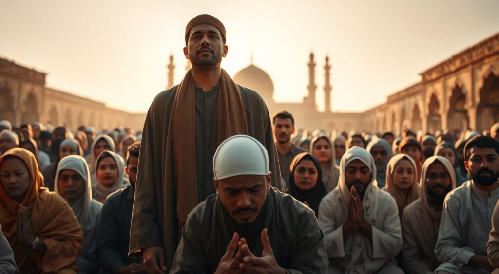 A portrait of a diverse group of Muslims gathered together, their faces reflecting the profound faith and spiritual devotion of the Islamic faith. The foreground features a central figure, dressed in traditional robes and headwear, standing tall and serene, their gaze directed heavenward. Surrounding them, a crowd of followers, both men and women, kneel in reverence, their hands clasped in prayer. The middle ground is bathed in a warm, golden light, casting a soft, ethereal glow upon the scene. In the background, the angular silhouettes of ancient Middle Eastern architecture rise up, symbolizing the long and storied history of the religion. The overall mood is one of solemn reverence, the image capturing the essence of the expansion of Islam from its origins in Mecca. Um retrato de um grupo diverso de muçulmanos reunidos, cujos rostos refletem a profunda fé e devoção espiritual da fé islâmica. O primeiro plano apresenta uma figura central, vestida com trajes e toucas tradicionais, de pé, serena e imponente, com o olhar voltado para o céu. Ao redor deles, uma multidão de seguidores, homens e mulheres, ajoelha-se em reverência, com as mãos entrelaçadas em prece. O plano central é banhado por uma luz quente e dourada, lançando um brilho suave e etéreo sobre a cena. Ao fundo, erguem-se as silhuetas angulares da arquitetura antiga do Oriente Médio, simbolizando a longa e célebre história da religião. O clima geral é de reverência solene, e a imagem captura a essência da expansão do islamismo desde suas origens em Meca.