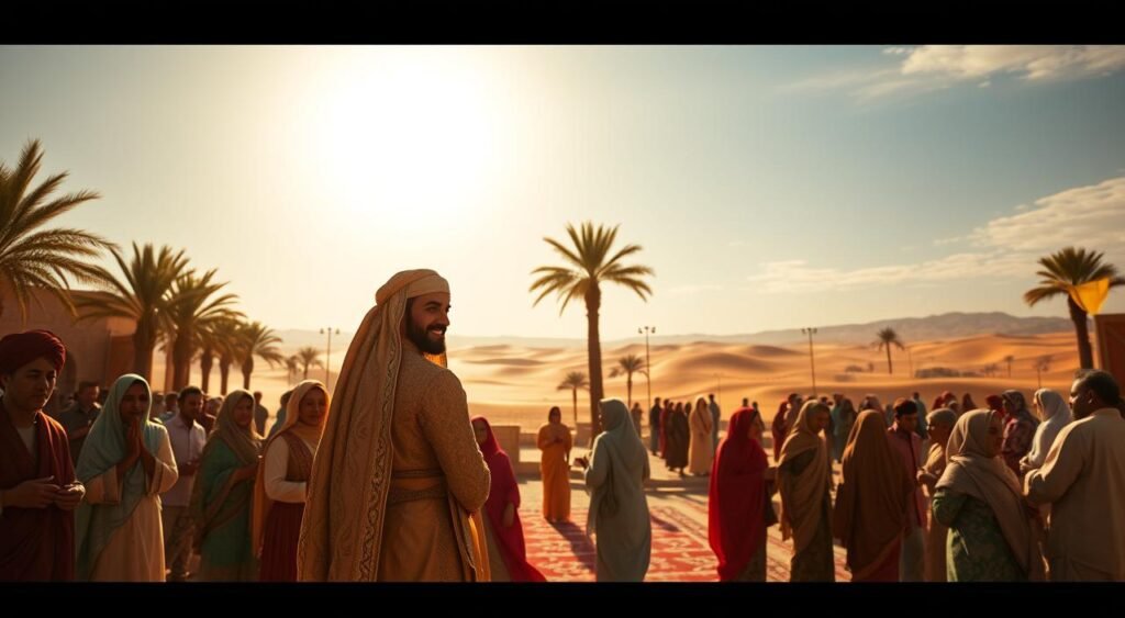 A richly detailed scene of the wedding between the Prophet Muhammad and his first wife, Khadija, set in a warm, sun-drenched Arabian oasis. In the foreground, the couple stand embracing, clad in ornate ceremonial robes, their faces radiating joy and devotion. The middle ground features a lively gathering of family and guests, dressed in vibrant traditional garments, celebrating with music, dance, and festive decorations. In the background, a serene desert landscape unfolds, with towering palm trees, rolling dunes, and a brilliant azure sky overhead, conveying a sense of timeless, sacred tradition. The lighting is soft and golden, evoking the tranquil spirituality of the occasion. Capture this pivotal moment in the life of the Prophet through a cinematic, yet reverential lens. Uma cena ricamente detalhada do casamento entre o Profeta Muhammad e sua primeira esposa, Khadija, ambientada em um oásis árabe quente e ensolarado. Em primeiro plano, o casal se abraça, trajando trajes cerimoniais ornamentados, com os rostos irradiando alegria e devoção. O plano central apresenta uma animada reunião de familiares e convidados, vestidos com vibrantes trajes tradicionais, celebrando com música, dança e decorações festivas. Ao fundo, uma serena paisagem desértica se desdobra, com palmeiras imponentes, dunas ondulantes e um céu azul brilhante, transmitindo uma sensação de tradição sagrada e atemporal. A iluminação é suave e dourada, evocando a espiritualidade tranquila da ocasião. Capture este momento crucial na vida do Profeta através de uma lente cinematográfica, porém reverente.