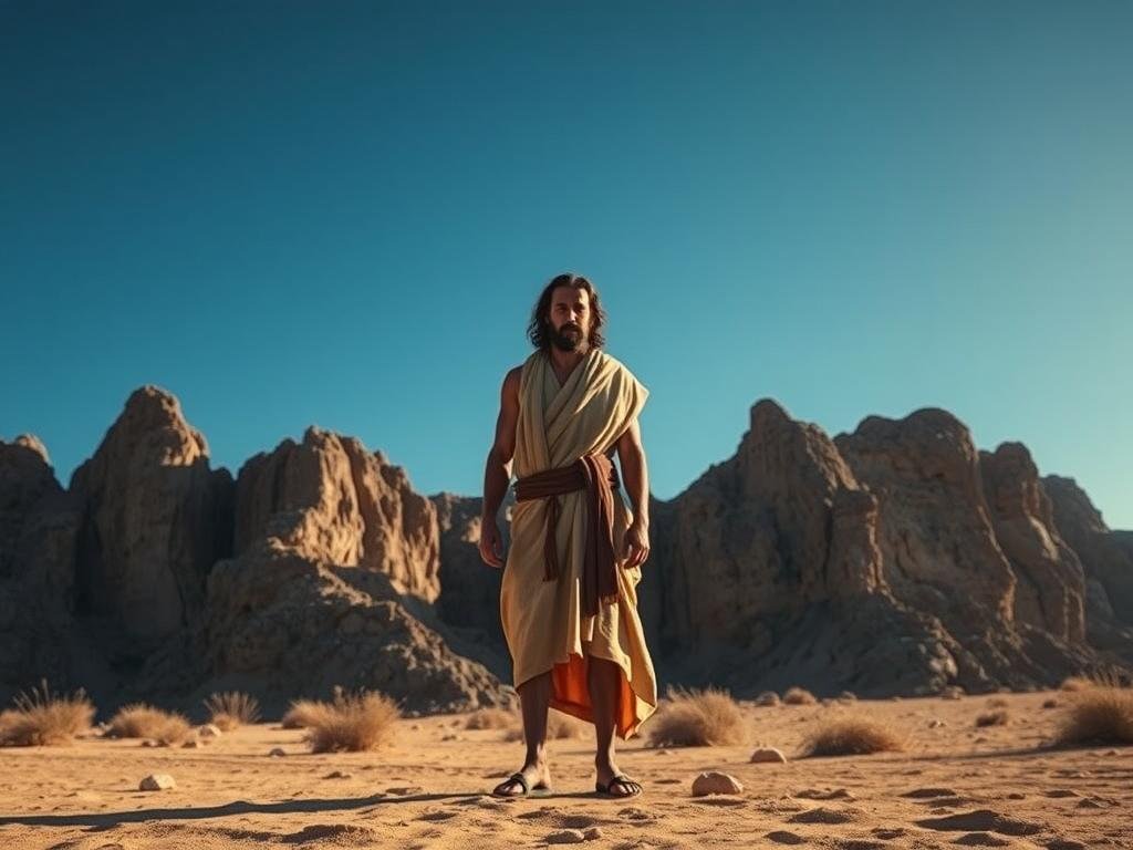 A rugged, desert landscape with striking rock formations and a deep blue sky. In the foreground, the figure of John the Baptist stands tall, clad in a rough, camel-hair cloak and sandals. His face is weathered, his gaze intense and prophetic, as he proclaims his message of repentance and the coming of the Messiah. The light casts dramatic shadows, highlighting the austerity of his surroundings and the gravitas of his mission. The background is sparse, with a sense of isolation and solitude, emphasizing John's singular purpose and connection to the divine. The scene conveys a powerful, spiritual atmosphere, capturing the essence of this pivotal figure in the story of Jesus Christ. Quem foi João Batista?