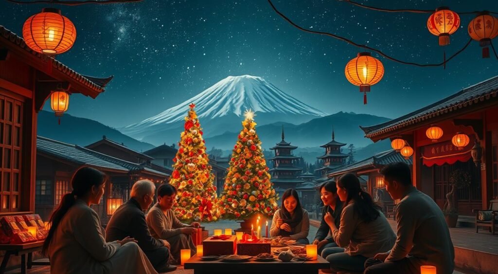 A serene Christmas gathering in a traditional Asian village, bathed in the warm glow of lanterns and candles. In the foreground, a group of friends and family sit around a low table, sharing a festive meal and exchanging gifts wrapped in vibrant paper. In the middle ground, a colorful Christmas tree stands tall, adorned with intricate ornaments and paper decorations. In the background, a snow-capped mountain rises against a starry night sky, while in the distance, the silhouettes of pagodas and wooden houses can be seen. The atmosphere is one of tranquility, connection, and the timeless celebration of the holiday season. A serene Christmas gathering in a traditional Asian village, bathed in the warm glow of lanterns and candles. In the foreground, a group of friends and family sit around a low table, sharing a festive meal and exchanging gifts wrapped in vibrant paper. In the middle ground, a colorful Christmas tree stands tall, adorned with intricate ornaments and paper decorations. In the background, a snow-capped mountain rises against a starry night sky, while in the distance, the silhouettes of pagodas and wooden houses can be seen. The atmosphere is one of tranquility, connection, and the timeless celebration of the holiday season.