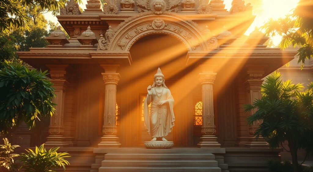 A serene Hindu temple, its intricate architecture bathed in warm, golden light, stands against a backdrop of lush, verdant foliage. At the center, a sculpted figure of the divine personification of karma, radiating a sense of balance and inner peace. Rays of sunlight stream through the ornate windows, casting a transcendent glow upon the scene. The overall atmosphere evokes a profound sense of spiritual contemplation, inviting the viewer to ponder the interconnectedness of actions and consequences, and the power of personal choice in shaping one's destiny. Um templo hindu sereno, sua arquitetura intrincada banhada em uma luz dourada e quente, se ergue contra um fundo de folhagem verdejante e luxuriantes. No centro, uma figura esculpida da personificação divina do karma, irradiando uma sensação de equilíbrio e paz interior. Raios de sol penetram pelas janelas adornadas, lançando um brilho transcendente sobre a cena. A atmosfera geral evoca uma profunda sensação de contemplação espiritual, convidando o espectador a refletir sobre a interconexão entre ações e consequências, e o poder da escolha pessoal na formação do próprio destino.