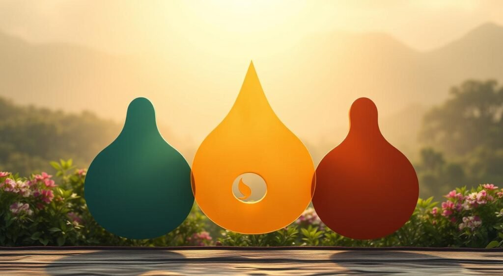 A serene and harmonious scene depicting the three Ayurvedic doshas - Vata, Pitta, and Kapha. In the foreground, three distinct shapes, each representing a dosha, flow seamlessly together, their colors and textures complementing one another. The middle ground features a lush, verdant landscape with vibrant flora, suggesting the balance and interconnectedness of the doshas. In the background, a warm, golden light bathes the scene, creating a sense of tranquility and well-being. The overall composition conveys the essence of Ayurveda - the ancient Indian science of life and wellness, where the delicate equilibrium of the doshas is key to maintaining physical, mental, and spiritual health. Uma cena serena e harmoniosa representando os três doshas ayurvédicos – Vata, Pitta e Kapha. Em primeiro plano, três formas distintas, cada uma representando um dosha, fluem perfeitamente juntas, com cores e texturas se complementando. O plano central apresenta uma paisagem exuberante e verdejante com flora vibrante, sugerindo o equilíbrio e a interconexão dos doshas. Ao fundo, uma luz quente e dourada banha a cena, criando uma sensação de tranquilidade e bem-estar. A composição geral transmite a essência do Ayurveda – a antiga ciência indiana da vida e do bem-estar, onde o delicado equilíbrio dos doshas é fundamental para a manutenção da saúde física, mental e espiritual.