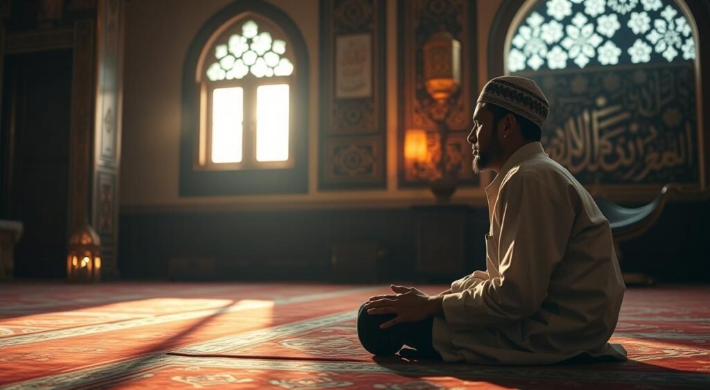 A serene and reverent scene of "mês sagrado", the sacred month of Ramadan. In the foreground, a devout Muslim kneels on a prayer rug, hands clasped in quiet contemplation. Warm, golden light filters through a window, casting a soft glow on the worshipper's face. In the middle ground, ornate Arabic calligraphy adorns the walls, while in the background, traditional lamps and decorations evoke the rich cultural heritage of this holy time. The atmosphere is one of peace, spirituality, and deep reverence, capturing the essence of the Ramadan celebration. Uma cena serena e reverente do "mês sagrado", o mês sagrado do Ramadã. Em primeiro plano, um muçulmano devoto ajoelha-se sobre um tapete de oração, com as mãos entrelaçadas em silenciosa contemplação. Uma luz quente e dourada filtra-se por uma janela, lançando um brilho suave no rosto do adorador. No centro, caligrafia árabe ornamentada adorna as paredes, enquanto ao fundo, lâmpadas e decorações tradicionais evocam a rica herança cultural deste período sagrado. A atmosfera é de paz, espiritualidade e profunda reverência, capturando a essência da celebração do Ramadã.