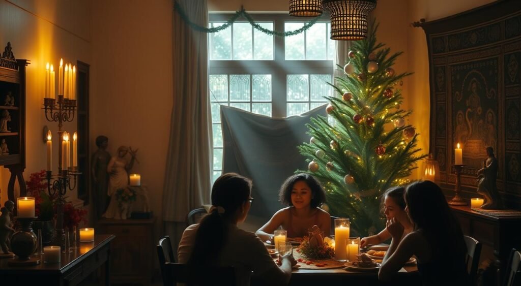 A serene, candlelit interior of a traditional Brazilian home, illuminated by the warm glow of a menorah and the twinkling of ornaments on a lush, verdant Christmas tree. Soft rays of sunlight filter through the window, casting a peaceful, spiritual ambiance. In the foreground, a family gathers around a table, their faces alight with reverence as they partake in a ceremonial meal. The room is adorned with handcrafted nativity figurines, a woven tapestry, and other sacred symbols that blend the cultural and religious heritage of the season. An atmosphere of tranquility and contemplation pervades the scene, capturing the essence of the spiritual traditions surrounding the Christmas holiday. Tradições do Natal ao Redor do Mundo