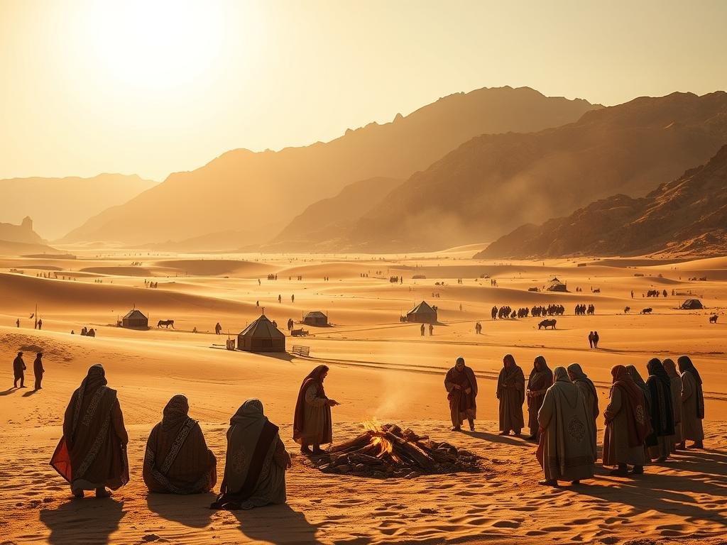 A serene desert landscape under a warm, golden sun. In the foreground, a tribe of Levites gathered around a central fire, their robes and cloaks flowing in the gentle breeze. Intricate patterns and symbols adorn their garments, reflecting their rich cultural heritage. In the middle ground, tents and caravans dot the scene, hinting at the tribe's nomadic lifestyle. In the distance, rugged mountains rise, casting long shadows across the sand. The atmosphere is one of reverence and community, as the Levites come together to honor their traditions and their calling as the priestly tribe of Israel. Nascimento e significado do seu nome