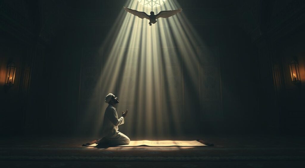 A serene, dimly lit interior space with Muhammad, the Prophet of Islam, kneeling on a prayer mat. Beams of divine light from above illuminate his reverent expression as he receives the revelation of the Quran from the angel Gabriel. The room is adorned with ornate Arabic calligraphy and architectural details, creating an atmosphere of sacred spirituality. Subtle ambient lighting casts soft shadows, emphasizing the profound, contemplative moment. The composition evokes the pivotal event that led to the establishment of the holy month of Ramadan. A Origem do Ramadã:
