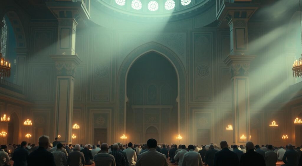 A serene interior of a mosque during the holy month of Ramadan. In the foreground, a group of worshippers kneel in prayer, their faces illuminated by the soft, warm glow of candlelight. The middle ground features ornate Islamic architecture, with intricate arches, columns, and mosaics. The background is shrouded in a soft, hazy atmosphere, creating a sense of reverence and contemplation. The lighting is subtle and atmospheric, casting long shadows and highlighting the rich textures of the space. The overall mood is one of tranquility, devotion, and spiritual connection. O interior sereno de uma mesquita durante o mês sagrado do Ramadã. Em primeiro plano, um grupo de fiéis ajoelha-se em oração, com os rostos iluminados pelo brilho suave e acolhedor da luz de velas. O plano central apresenta uma arquitetura islâmica ornamentada, com arcos, colunas e mosaicos intrincados. O fundo é envolto por uma atmosfera suave e nebulosa, criando uma sensação de reverência e contemplação. A iluminação é sutil e atmosférica, projetando sombras longas e destacando as ricas texturas do espaço. O clima geral é de tranquilidade, devoção e conexão espiritual.