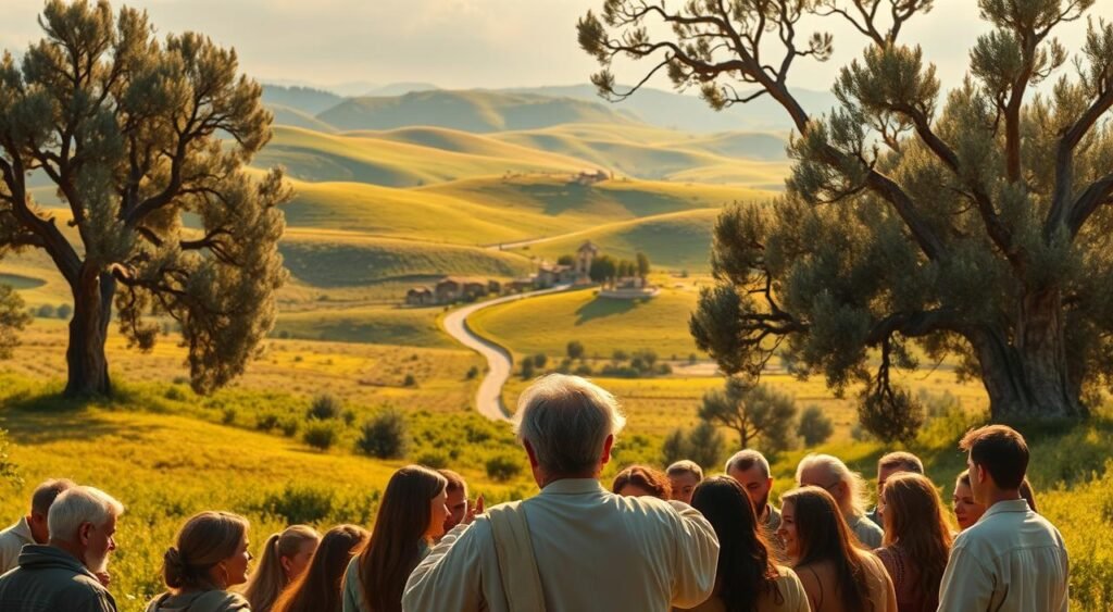 A serene landscape of rolling hills and lush greenery, bathed in warm, golden light. In the foreground, a group of people gather around a wise-looking figure, his hands outstretched in a gesture of teaching. Their faces are rapt with attention, as if listening to the parables of Jesus unfold before them. In the middle distance, a winding path leads towards a small village, its simple structures and winding streets hinting at a simpler, more contemplative way of life. The background is framed by towering, ancient olive trees, their gnarled trunks and branches casting soft shadows across the scene. The overall mood is one of tranquility, wisdom, and a deep connection to the natural world. A serene landscape of rolling hills and lush greenery, bathed in warm, golden light. In the foreground, a group of people gather around a wise-looking figure, his hands outstretched in a gesture of teaching. Their faces are rapt with attention, as if listening to the parables of Jesus unfold before them. In the middle distance, a winding path leads towards a small village, its simple structures and winding streets hinting at a simpler, more contemplative way of life. The background is framed by towering, ancient olive trees, their gnarled trunks and branches casting soft shadows across the scene. The overall mood is one of tranquility, wisdom, and a deep connection to the natural world.