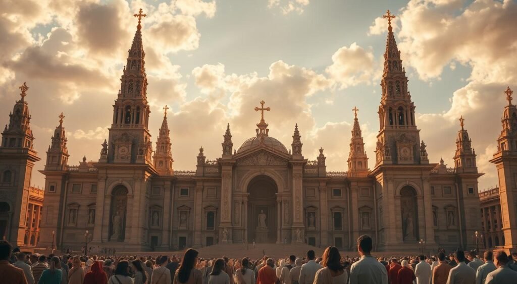 A serene, monumental depiction of monoteísmo, the belief in a single, all-powerful deity. In the foreground, a grand, awe-inspiring temple or cathedral constructed of gleaming marble and stone, its towering spires and intricate architecture bathed in warm, golden light. In the middle ground, a peaceful gathering of worshippers, heads bowed in reverence, their robes and garments flowing softly. In the background, a vast, cloud-swept sky, hinting at the boundless power and divinity above. The atmosphere is one of solemnity, contemplation, and a profound sense of spiritual unity and devotion to the one true God. Deus em Diferentes Religiões