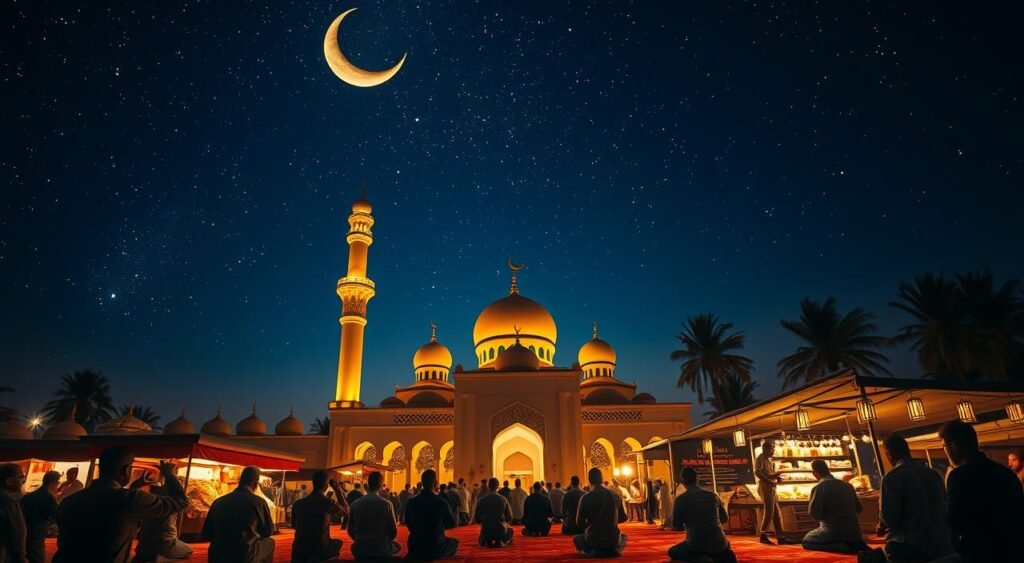 A serene mosque bathed in warm, golden light stands tall against a vibrant, star-filled night sky. In the foreground, a group of devout Muslims kneel in prayer, their hands raised in reverence. The crescent moon and shimmering lanterns add to the sacred atmosphere, symbolizing the spiritual essence of Ramadan. The middle ground features a bustling marketplace, with vendors selling traditional Ramadan delicacies and decorations. In the distance, the silhouettes of palm trees sway gently, creating a tranquil, contemplative setting. The image conveys the deep significance of Ramadan in the Islamic faith, a time of reflection, community, and devotion. Como Celebrar o Ramadan