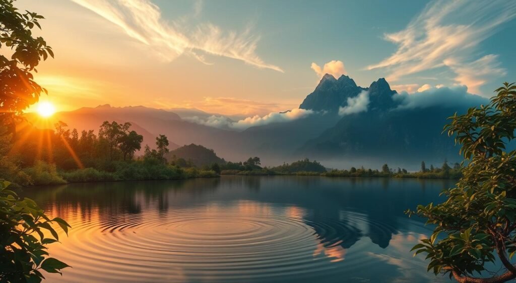 A serene, mystical landscape that embodies the concept of karma. In the foreground, a tranquil pond reflects the vibrant hues of a setting sun, its ripples symbolizing the interconnectedness of all things. Towering mountains rise in the distance, their peaks enveloped in wispy clouds, suggesting the ethereal nature of the karmic cycle. Lush, verdant foliage adorns the scene, conveying a sense of harmony and balance. The lighting is soft and warm, creating a contemplative atmosphere. The composition should be balanced and visually pleasing, inviting the viewer to ponder the universal principles of karma. arma e Reencarnação