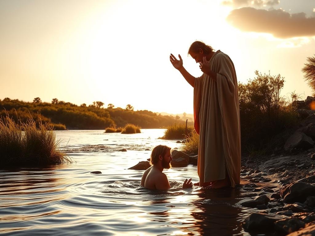 A serene riverside scene, the Jordan River flows gently under a warm, golden light. On the banks, John the Baptist stands in flowing robes, his hands raised as he baptizes a kneeling Jesus, his head bowed reverently. The two figures are the focal point, surrounded by lush vegetation and a cloudless sky. The atmosphere is one of spiritual tranquility, capture the pivotal moment when the precursor met the Messiah, a turning point that would shape the course of history. João Batista e Jesus: o encontro que mudou a história