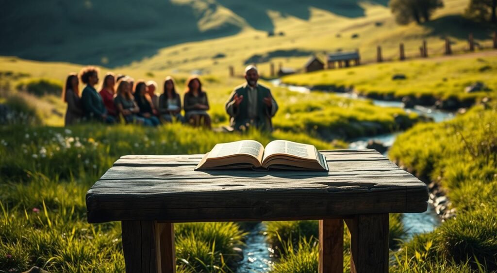 A serene, sun-dappled meadow, with vibrant green grass and a gentle stream cutting through the landscape. In the foreground, a humble wooden table, weathered by time, stands as the focal point. Atop it, an open book with yellowed pages, its cover adorned with a simple cross. Surrounding the table, a group of people, their faces alight with rapt attention, as they listen intently to a robed figure seated at the head of the table. The figure's hands gesture eloquently, as if weaving a tale of profound wisdom and insight. The lighting is soft and warm, casting a peaceful, contemplative atmosphere over the entire scene. Parábolas de Jesús: Sabiduría sencilla que transforma vidas