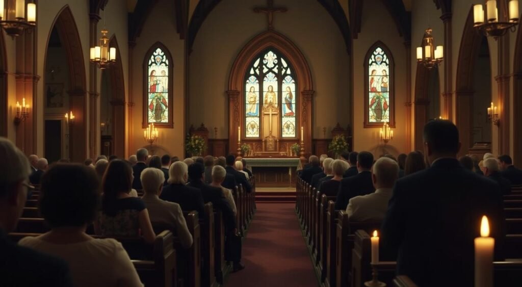 A solemn Christian celebration in a traditional church setting. The interior is bathed in warm, soft lighting, casting a reverent glow on the pews, ornate altar, and stained glass windows. A congregation of worshippers, dressed in their Sunday best, bows their heads in quiet reflection. Candles flicker, their gentle flames symbolizing the eternal nature of the soul. The air is hushed, save for the occasional quiet prayer or hymn, as the faithful come together to remember and honor their departed loved ones on this sacred day. Uma solene celebração cristã em um ambiente tradicional de igreja. O interior é banhado por uma iluminação suave e aconchegante, que projeta um brilho reverente sobre os bancos, o altar ornamentado e os vitrais. Uma congregação de fiéis, vestidos com suas melhores roupas de domingo, inclina a cabeça em silenciosa reflexão. Velas tremulam, suas chamas suaves simbolizando a natureza eterna da alma. O ar é silencioso, exceto por uma ou outra oração ou hino, enquanto os fiéis se reúnem para lembrar e homenagear seus entes queridos que partiram neste dia sagrado.