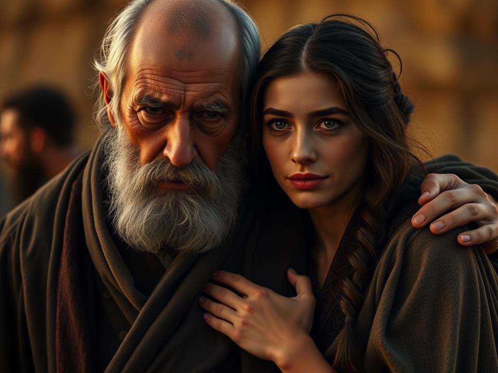 A solemn scene of Mardoqueu, an elder Jewish man, guiding the young and beautiful Ester, his cousin, with a fatherly embrace. The warm lighting casts a soft glow on their faces as they stand in contemplation, the weight of their people's fate resting on their shoulders. Ester's eyes are filled with determination, while Mardoqueu's expression conveys a lifetime of wisdom and experience, their bond of kinship and mutual trust palpable. The background is a muted, earthy palette, allowing the figures to take center stage in this pivotal moment of their shared history. Mardoqueu e Ester: Uma relação de paternidade e orientação
