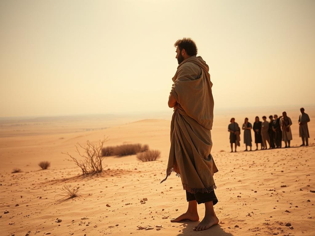 A stark, arid desert landscape stretches endlessly under a scorching sun. In the foreground, a lone figure stands tall, draped in a tattered cloak, his face shadowed. This is John the Baptist, preaching a message of repentance and the imminent arrival of the Messiah. Behind him, a small gathering of people listen intently, their postures reflecting a mixture of reverence and anticipation. The middle ground is dotted with sparse, weathered vegetation, while the distant horizon is hazy, suggesting the vastness and isolation of this sacred place. The scene conveys a sense of profound spiritual awakening, a radical departure from the comforts of the world, as John the Baptist's ministry unfolds in the heart of the desert. O ministério no deserto: uma mensagem radical