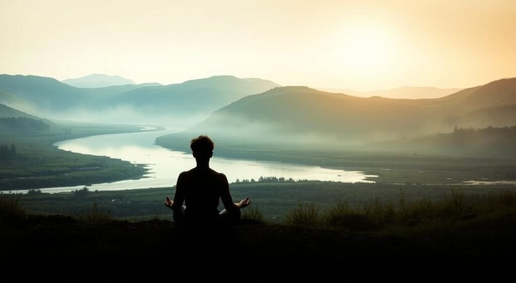 A tranquil, serene landscape depicting the concept of reincarnation. In the foreground, a figure sits in a meditative pose, their silhouette illuminated by a warm, golden light. The middle ground features a gentle stream, its reflective surface creating a mirrored effect, symbolizing the cycle of birth and rebirth. In the background, lush, verdant hills fade into a hazy, dreamlike horizon, evoking a sense of timelessness and the eternal nature of the soul's journey. The scene is bathed in a soft, diffused lighting, creating an atmospheric and contemplative mood, inviting the viewer to reflect on the conceptual differences between reincarnation and rebirth. Um templo hindu sereno, sua arquitetura intrincada banhada em uma luz dourada e quente, se ergue contra um fundo de folhagem verdejante e luxuriantes. No centro, uma figura esculpida da personificação divina do karma, irradiando uma sensação de equilíbrio e paz interior. Raios de sol penetram pelas janelas adornadas, lançando um brilho transcendente sobre a cena. A atmosfera geral evoca uma profunda sensação de contemplação espiritual, convidando o espectador a refletir sobre a interconexão entre ações e consequências, e o poder da escolha pessoal na formação do próprio destino. ...