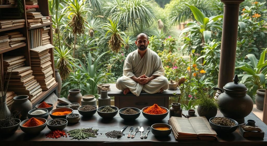 A tranquil, serene scene depicting the ancient practice of Ayurvedic medicine. In the foreground, a traditional Ayurvedic apothecary's workbench, adorned with an array of fragrant herbs, spices, and bowls of colorful powders. Behind it, a neatly arranged collection of Ayurvedic texts and manuscripts, their pages weathered by time. In the middle ground, a revered Ayurvedic practitioner, clad in flowing robes, sits cross-legged, deep in meditation, surrounded by the tools of their trade. The background features a lush, verdant garden, with indigenous plants and flowers native to the Indian subcontinent. Soft, warm lighting filters through the scene, creating a sense of timeless tranquility and the enduring wisdom of this ancient medical tradition. O que é Ayurveda