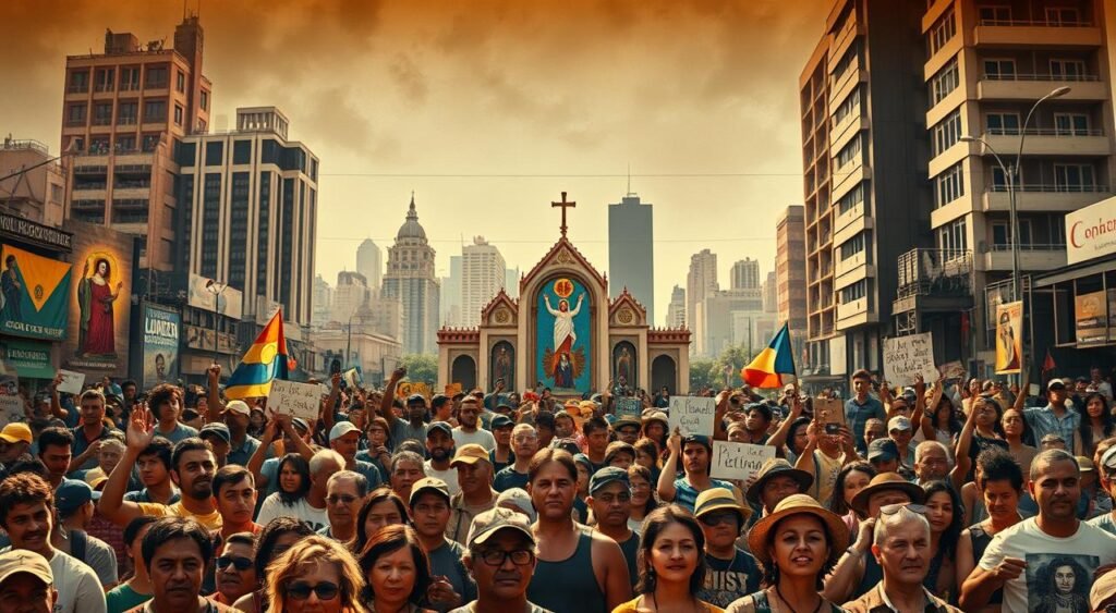 A vibrant mural depicting the core principles of Liberation Theology, set against a backdrop of a bustling Latin American city. In the foreground, a crowd of diverse figures engaged in protest and social activism, their expressions a mix of determination and hope. The middle ground features religious iconography and symbols, representing the theological foundations of the movement. In the background, towering buildings and infrastructure allude to the socioeconomic context that gave rise to Liberation Theology. The scene is bathed in warm, golden light, conveying a sense of spiritual enlightenment and a call to action. The overall composition evokes a powerful, grassroots-driven movement for social justice and human liberation. Um mural vibrante que retrata os princípios fundamentais da Teologia da Libertação, tendo como pano de fundo uma movimentada cidade latino-americana. Em primeiro plano, uma multidão de figuras diversas engajadas em protestos e ativismo social, com expressões que misturam determinação e esperança. O plano central apresenta iconografia e símbolos religiosos, representando os fundamentos teológicos do movimento. Ao fundo, edifícios imponentes e infraestrutura aludem ao contexto socioeconômico que deu origem à Teologia da Libertação. A cena é banhada por uma luz quente e dourada, transmitindo uma sensação de iluminação espiritual e um chamado à ação. A composição geral evoca um movimento poderoso e popular por justiça social e libertação humana.